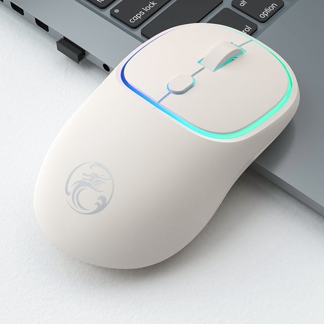 LSLJS Wireless Mouse with Dazzling Lights 2.4G Noiseless Mouse with USB Receiver, shown in a sleek white design with a contoured shape and illuminated LED accents. The mouse is positioned on a laptop keyboard, highlighting its portable and ergonomic design. Ideal for desktop computers and laptops, it features a rechargeable 300 mAh battery and plug-and-play functionality with a USB receiver. Compatible with Windows and Mac OS devices with USB ports.