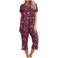 thumbnail image 3 of Économies d'Été Liquidation Iumwxz Pyjamas Décontractés Fluides Tenues Grande Taille Tenues d'Été Mode Graphique Col Rond Manches Courtes Taille Élastique Pantalons Raccourcis Ensembles Assortis pour Fête Dames, 3 of 7