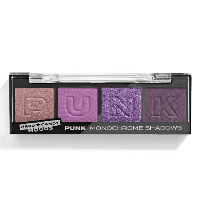 Hard Candy Moods Shadow Palette PUNK avec 4 Teintes d'Ombres à Paupières Violettes Monochromatiques Audacieuses et Modulables, dans un compact Rectangulaire Noir avec Couvercle Transparent, Présentant des Finitions Mates, Scintillantes et Scintillantes Embossées des Lettres P, U, N, K pour des looks d'Yeux Polyvalents et Durables.