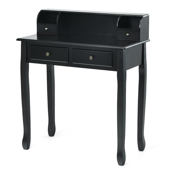 Costway Writing Desk Makeup Vanity Table Home Office Computer Desk 4 Drawer Black. A multifunctional black desk with a detachable storage cabinet, featuring two large and two small drawers for organized storage. Made of MDF and candlenut wood with sturdy wooden legs, it serves as a computer desk, home office desk, or vanity table, blending practicality and elegance.