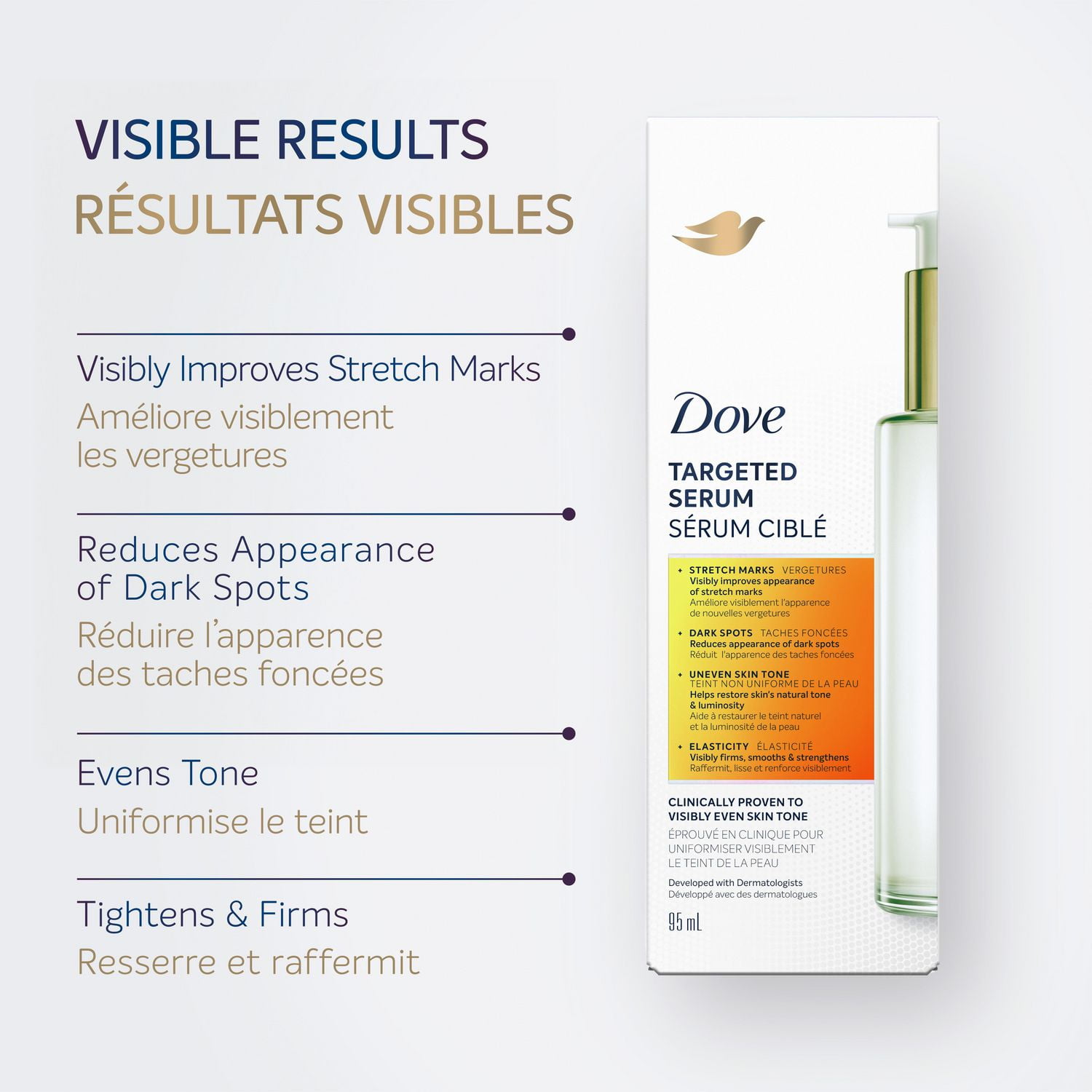 Dove Targeted Serum Multipurpose for Stretch Marks, Dark Spots, Uneven Skin with Tone Balance Complex, Niacinamide, Collagen Peptides and Natural Moisturizing Factors, 95mL