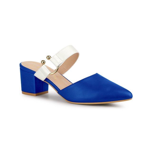 BLISSFUL STEP Mules pour Femmes Bout Pointu Bride à Boucle Talon Bloc Chaussures à Enfiler Bleu Blanc 8