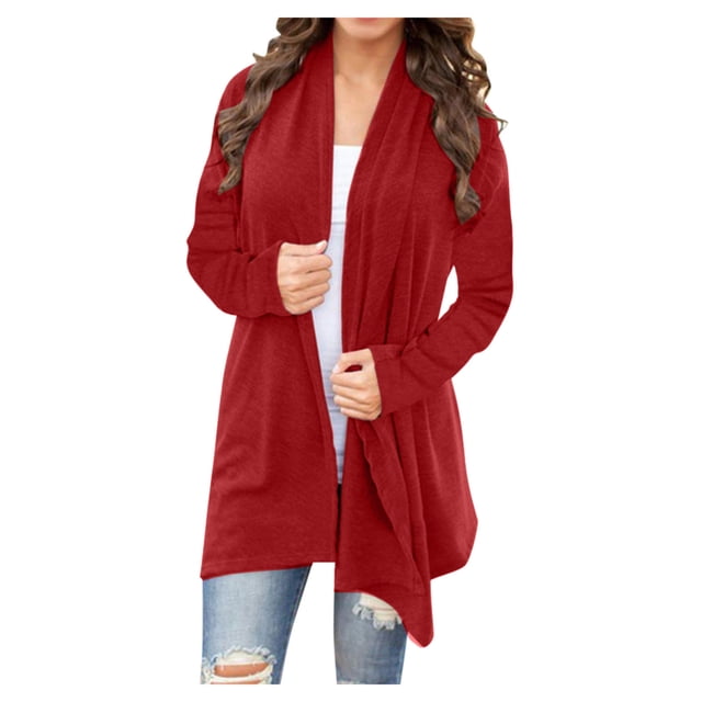 UPPADA Longs Cardigans Boutonnés pour Femmes Cardigan Chic à devant Ouvert Chandail à Dos Ouvert Chandails Molletonnés avec Poches Rouge,m