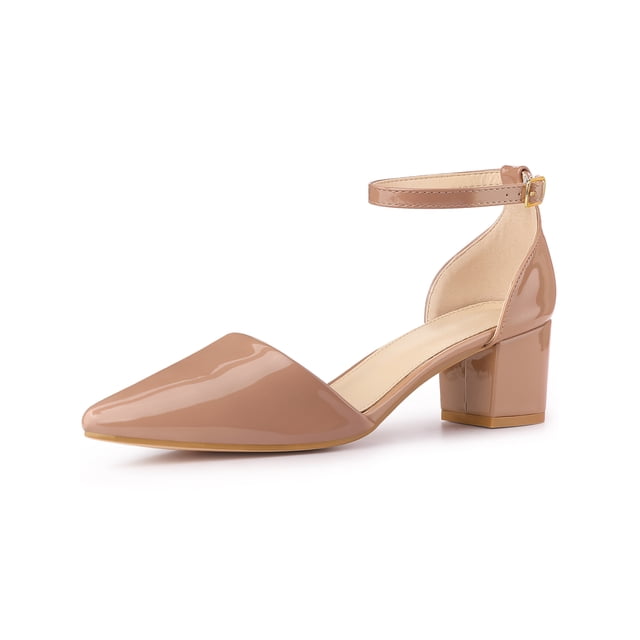 BLISSFUL STEP Women's Closed Pointed Toe Ankle Strap Low Block Heels Pumps Nude (Size 6)