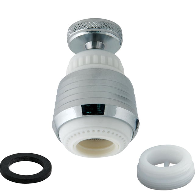 Aerator Pivotant Sans Paire en Chrome/blanc Montrant un Gros Plan du Robinet à Jet Pivotant à Double Filetage Aerator avec Fini chrome, Corps en Plastique Blanc, Bouton de Réglage Moleté, Rondelle en Caoutchouc et Anneau Adaptateur à Filetage Blanc, Conçu pour la Plupart des Robinets de Cuisine pour Permettre un Rinçage et un Remplissage Flexibles.