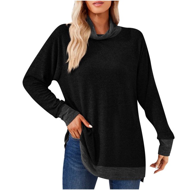 Timegard Tops for Women High Neck Long Sleeve Side Split Color Block Tshirts Fall Casual Loose Tops