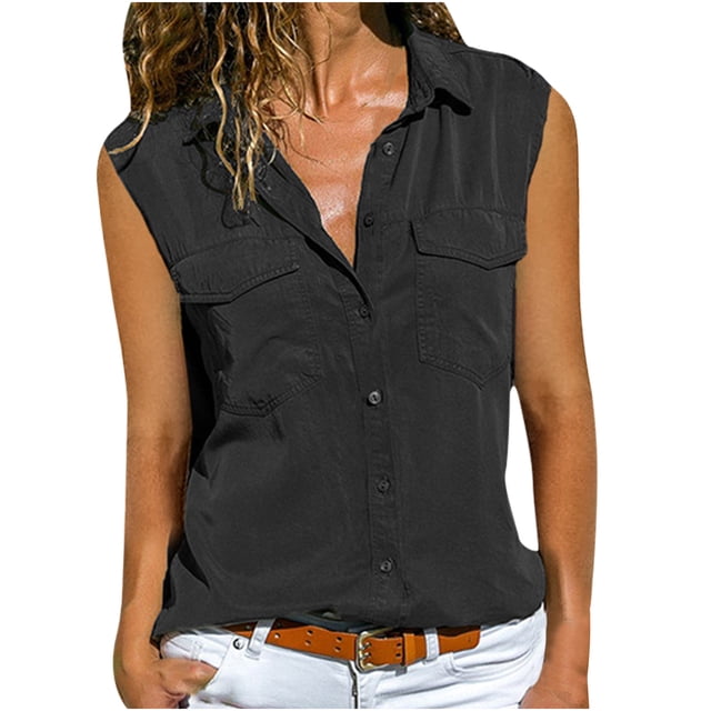 Leutsin Chemise Haut pour Femme Décontractée Unie Sans Manches à Col Rabattu avec Poches et Boutons, de Couleur Unie Foncée. Cette blouse pour Femme Présente un design Sans Manches, devant Boutonné, Col Rabattu et Deux Poches Poitrine. Fabriquée en polyester Léger, Parfaite pour l'Été, Tenue Décontractée Ou à Agencer avec jeans et shorts.