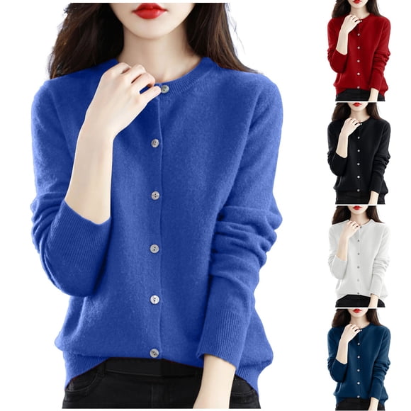 CFLVAEK Sweater Cardigans for Women Blue Button Down Open Front Knit Cardigan Lightweight Long Sleeve Crewneck Sweaters White L