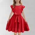 thumbnail image 2 of Milgrthf Robe à Volants pour Filles, Ligne A, Évasée, Ceinturée, Robe Décontractée de Fête, Couleur Unie, avec Ceinture, pour Adolescentes de 6 à 16 Ans, Rouge, 2 of 9