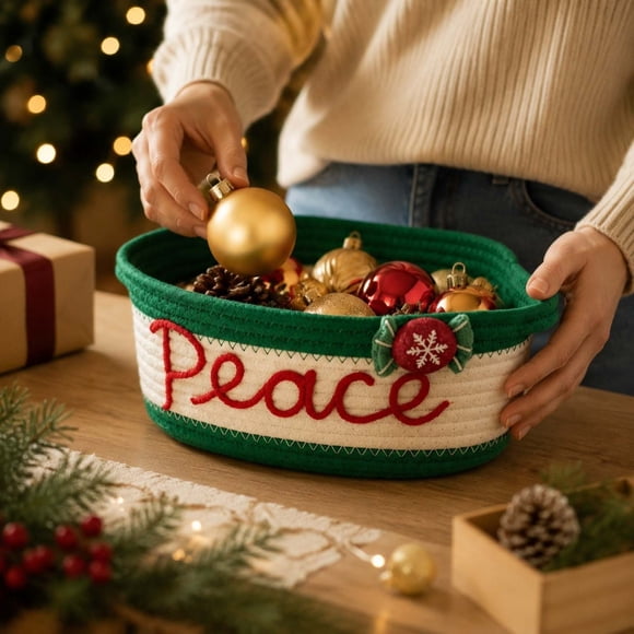 Christmas Cotton Rope Storage Basket Decorative Woven Basket With Embroidered Holiday Xmas Gift Basket For Gifts Candy Toy Home Table Decor