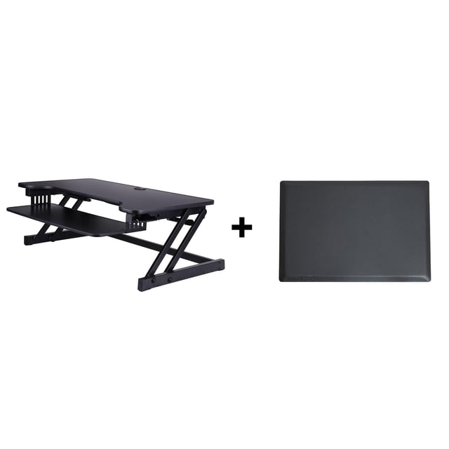 Rocelco 37.5" Deluxe Height Adjustable Standing Desk Converter with Anti Fatigue Mat BUNDLE - Quick Sit Stand Up Computer Workstation Riser - Large Retractable Keyboard Tray (Black)