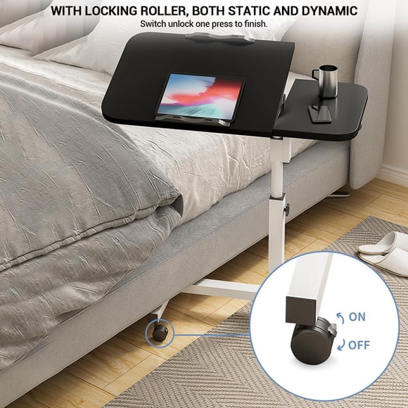 Mobile Overbed Table with Adjustable Height, 23.6–37.4 in – Ergonomic Rolling Desk with Tilting Surface for Hospital, Home Office, Couch – Bedside Laptop Desk, Color: Black