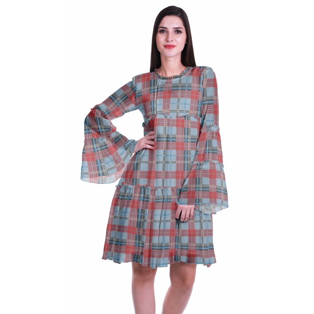 Moomaya Robe d'Été Fluide à Manches Longues Imprimée pour Femmes, Longueur Genou, Évasée