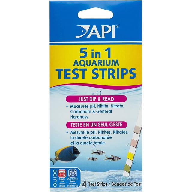 API 5 in 1 Aquarium Test Strips package in blue and yellow, containing four test strips that measure pH, nitrite, nitrate, carbonate, and general hardness to monitor aquarium water quality for freshwater and saltwater fish.