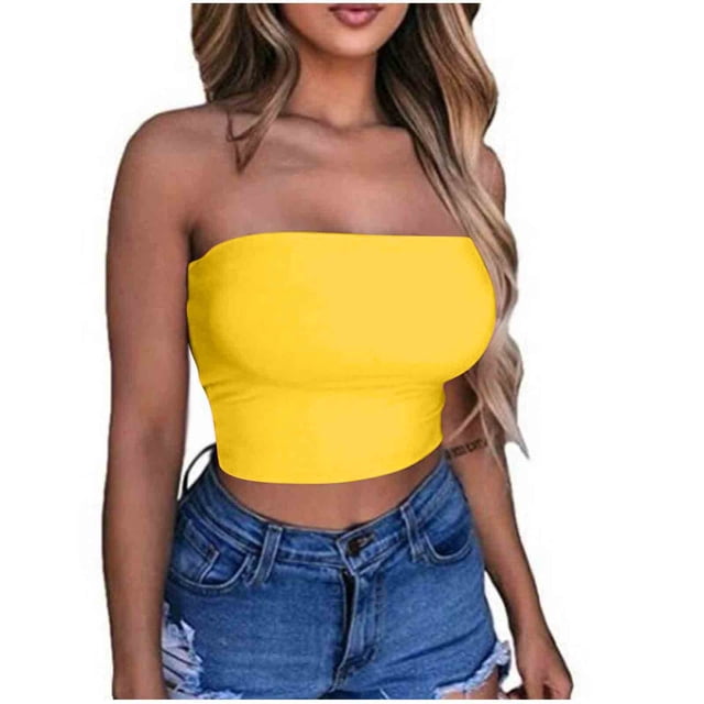 DPTALR Women's Solid Color Summer Casual Top Tube Top Strapless Blouse in a vibrant yellow shade. This strapless blouse features a fitted silhouette, perfect for pairing with distressed denim shorts. Made from lightweight polyester, it is ideal for casual occasions such as vacations, parties, or daily wear. A stylish choice for women's summer tops.