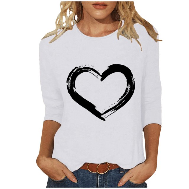 Plebaso Hauts Cœur pour Femmes Manches 3/4 Col Ras du Cou T-Shirts Graphiques Mignons Imprimés Blouses Décontractées pour Femmes