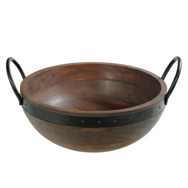 IH Casa Decor Gray Acacia Wood With Riveted Gunmetal Salad Bowl W Handle, a round gray acacia wood bowl with a riveted gunmetal band and two black metal handles, measuring 12 by 12 by 6 inches, ideal for serving salads or as a rustic dining accessory.
