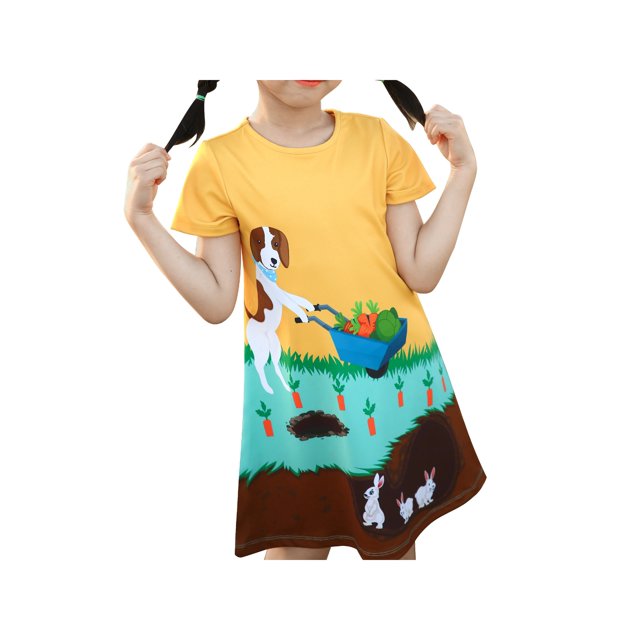 Robe T-shirt Fille Automne Carotte Récolte Champ Rabbit Chien Manches Courtes 5 Ans