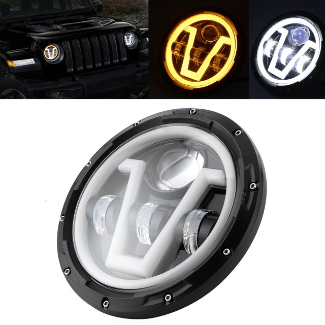 Aramox Phare LED, H4 7 Po Phare LED Rond Lumière Blanche Jaune IP67 Étanche Adapté pour JK 07-18