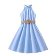 thumbnail image 1 of biudgviw Robe d'Été pour Filles Sans Manches à Col Licou, Épaules Dénudées, Ceinturée, Robe Trapèze Midi Décontractée, Robe Soleil 6-13 Ans, 1 of 3