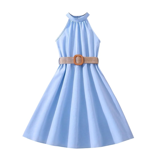 biudgviw Robe d'Été pour Filles Sans Manches à Col Licou, Épaules Dénudées, Ceinturée, Robe Trapèze Midi Décontractée, Robe Soleil 6-13 Ans