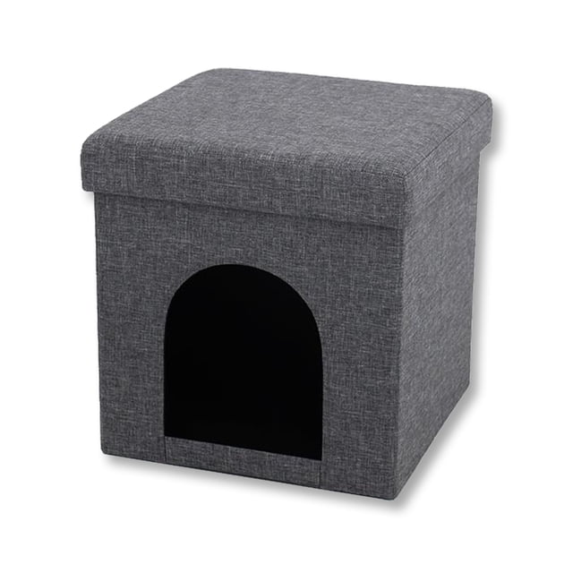ITY International foldable ottoman and footrest with pet hideout, measuring 15 inches by 15 inches by 15 inches, in gray fabric. Features a padded seat, an arched opening for pets like cats, small dogs, or rabbits, and a collapsible design for easy assembly. Suitable for living room furniture setups.
