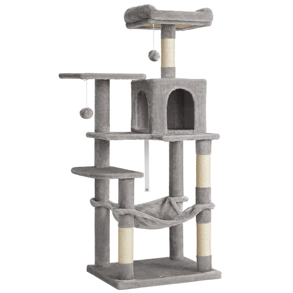Feandrea Arbre à Chat, Tour pour Chat de 56,3 Po pour Chats d'Intérieur, Condo pour Chat à Plusieurs Niveaux avec Poteaux à Griffer, Perchoirs, Hamac et Niche, Gris Pâle