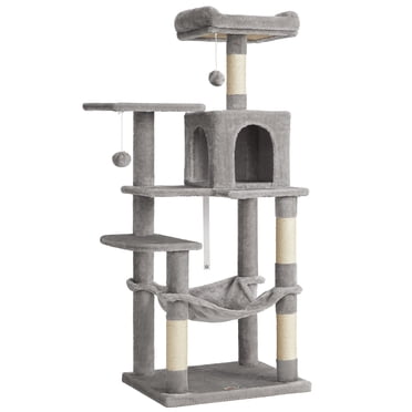 Feandrea Cat Tree, 56.3-Inch Cat Tower for Indoor Cats, Multi-Level Cat Condo with Scratching Posts, Perches, Hammock and Cave, Light Gray