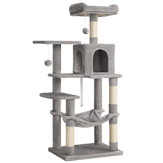 Feandrea Cat Tree, 56.3-Inch Cat Tower for Indoor Cats in light gray, designed as a multi-level cat condo with perches, a hammock, a cave, and sisal-covered scratching posts. Features hanging pompoms with bells for play and climbing steps for easy access, ideal for indoor cat furniture.