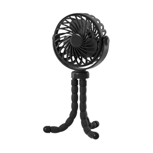Portable Handheld Fan Flexible Octopus Tripod Desktop Fan in black, designed for versatile use as a table fan or attachment to strollers, cribs, bikes, and desks. Features bendable tripod legs, a brushless motor, 3 adjustable wind speeds, and dual-way 360° rotation for customizable airflow. Compact design with dimensions of approximately 23.5 x 11.5 x 4 cm.
