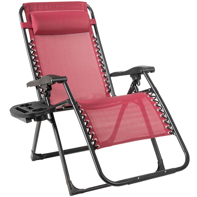 Costway Zero Gravity Chair Fauteuil Lounge Surdimensionné en Rouge Vin, Doté d'Un Siège en Tissu Respirant avec un Oreiller d'Appui-tête Détachable, des Accoudoirs Ergonomiques et un Dossier Inclinable. le Fauteuil Comprend un Système d'Inclinaison Verrouillable et un Cadre en Acier durable avec une Capacité de Poids de 500 Lb. un Porte-Gobelet en Plastique Noir Est Fixé sur le Côté, Conçu pour Contenir des Boissons, des Téléphones et d'Autres Petits Articles. le Fauteuil Est Pliable pour un Rangement et un transport Faciles, le Rendant Idéal pour une Utilisation Extérieure sur les patios, les Jardins Ou au Bord de la Piscine