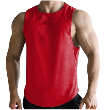 SROBPTY Mens Summer Top, Sleeveless Shirts for Men, Fashion Men Casual Solid Color Fitness Sportswear Round Neck Tank Top Red, M