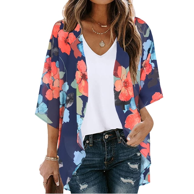 TIMIFIS Women Chiffon Printed Cardigan Kimono Robe Tops Beach Bikini Cover up Blouse-Orange-3-LFall