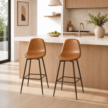 Homy Casa Brown Faux Leather Counter Height Bar Stools Set of 2 with Upholstered Seat and Walnut Finish Legs