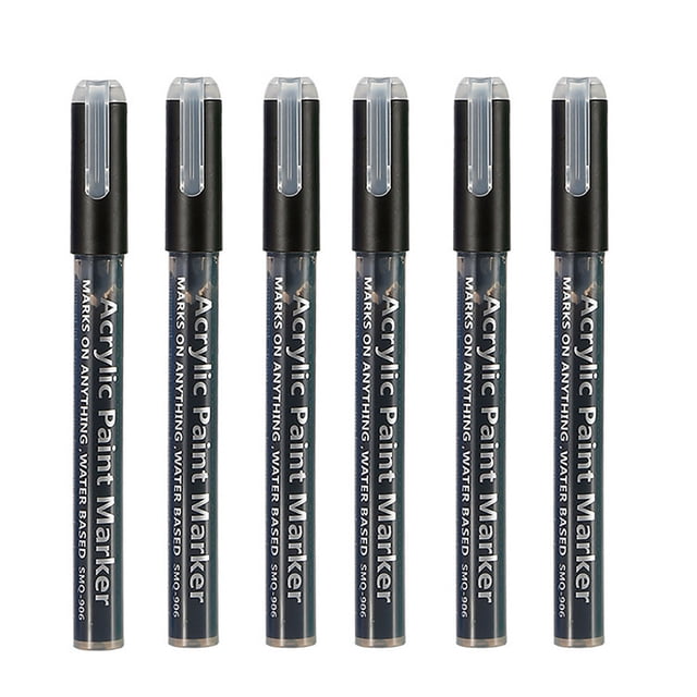 6pc Pack Black Acrylic Marker Pen Set with water-based paint pens designed for art projects, calligraphy, scrapbooks, and dark paper. Features ergonomic design, fast-drying ink, and versatility for use on glass, pottery, and DIY albums. Includes six black markers with clear caps, arranged in a row.
