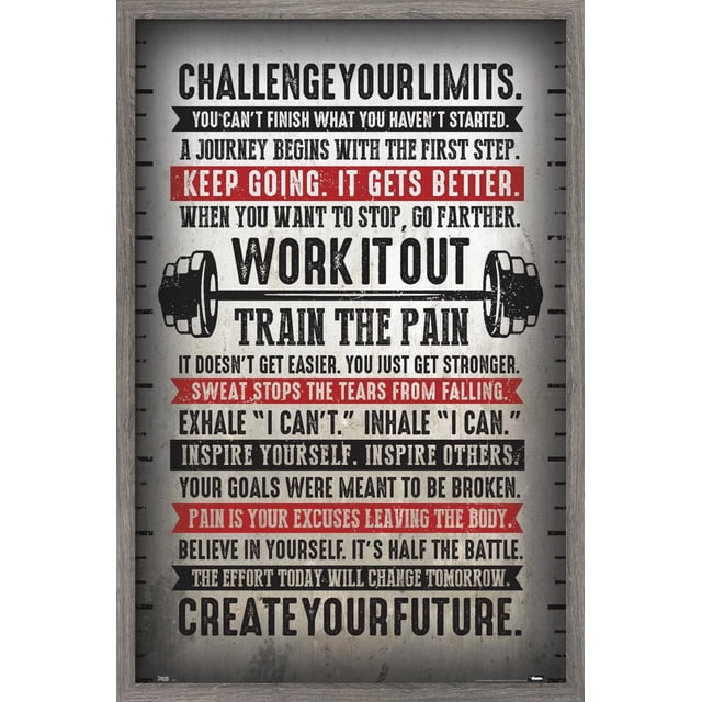Affiche Murale Défiez Vos Limites, 14,725 Po x 22,375 Po, art Mural de Mise en Forme Motivationnel avec Texte Audacieux Noir et Rouge sur Fond beige Vieilli Encadré en Bois Gris. Comprend des Citations comme « Keep going. It gets better. » et « Work It out, train the pain » avec un Graphique de Barre Noire, Idéal pour la Déco de gym à la Maison Ou pour l'Inspiration au Bureau.
