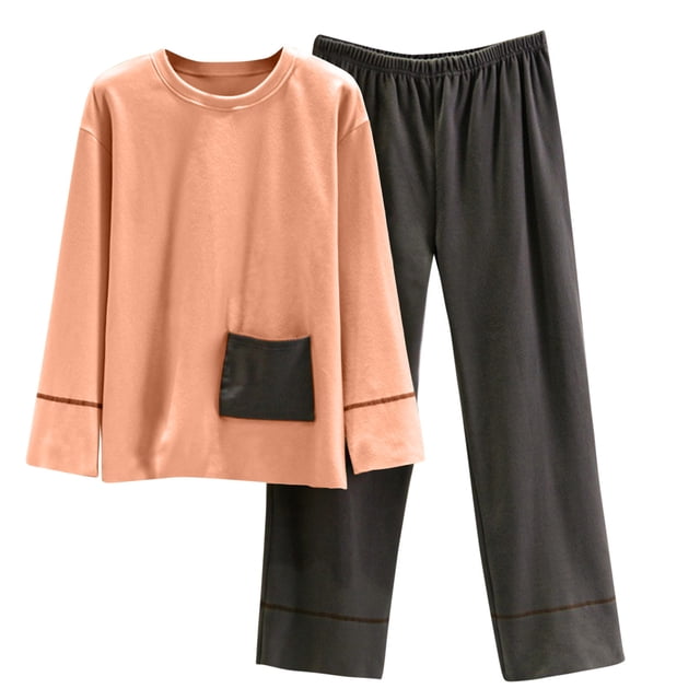Rbaofujie Pyjama d'Automne pour Femmes Ensemble de Pyjama pour Femmes Chaud avec Poche d'Hiver en Peluche à Manches Longues Pantalon Ample à Col Rond Ensemble de Pyjama pour Femmes