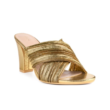 BLISSFUL STEP Women's Shoes Strap Slip on Block Heel Slide Sandals Gold 8