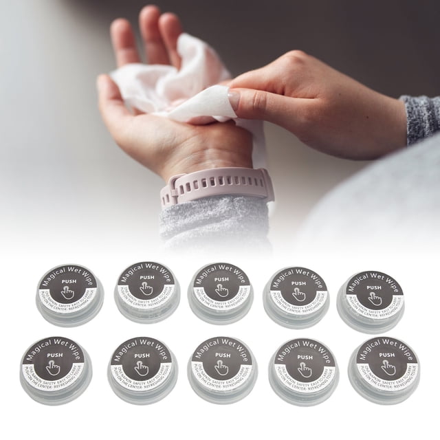 10 Pcs Serviettes Comprimées, Comprimés Serviette Jetable en Coton Comprimé par LIYJTK. une Personne Est Montrée Utilisant une Lingette Humide Douce, Non Déformante sur Leur Main, avec des Contenants Compacts Individuels Étiquetés « Lingette Humide Magique » Affichée Ci-Dessous. Convient aux Voyages, au camping, à la Randonnée, aux sports de Plein Air et aux salons de Beauté.