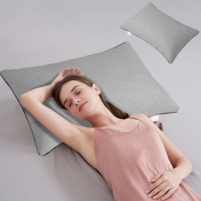 Hotel Grade Down Core Pillow for Back Stomach Sleepers, Soft Supportive Bed Pillow with Quilted Design, Medium Support Neck Pressure Relief Pillow in White Gray Green Orange Pink Khaki