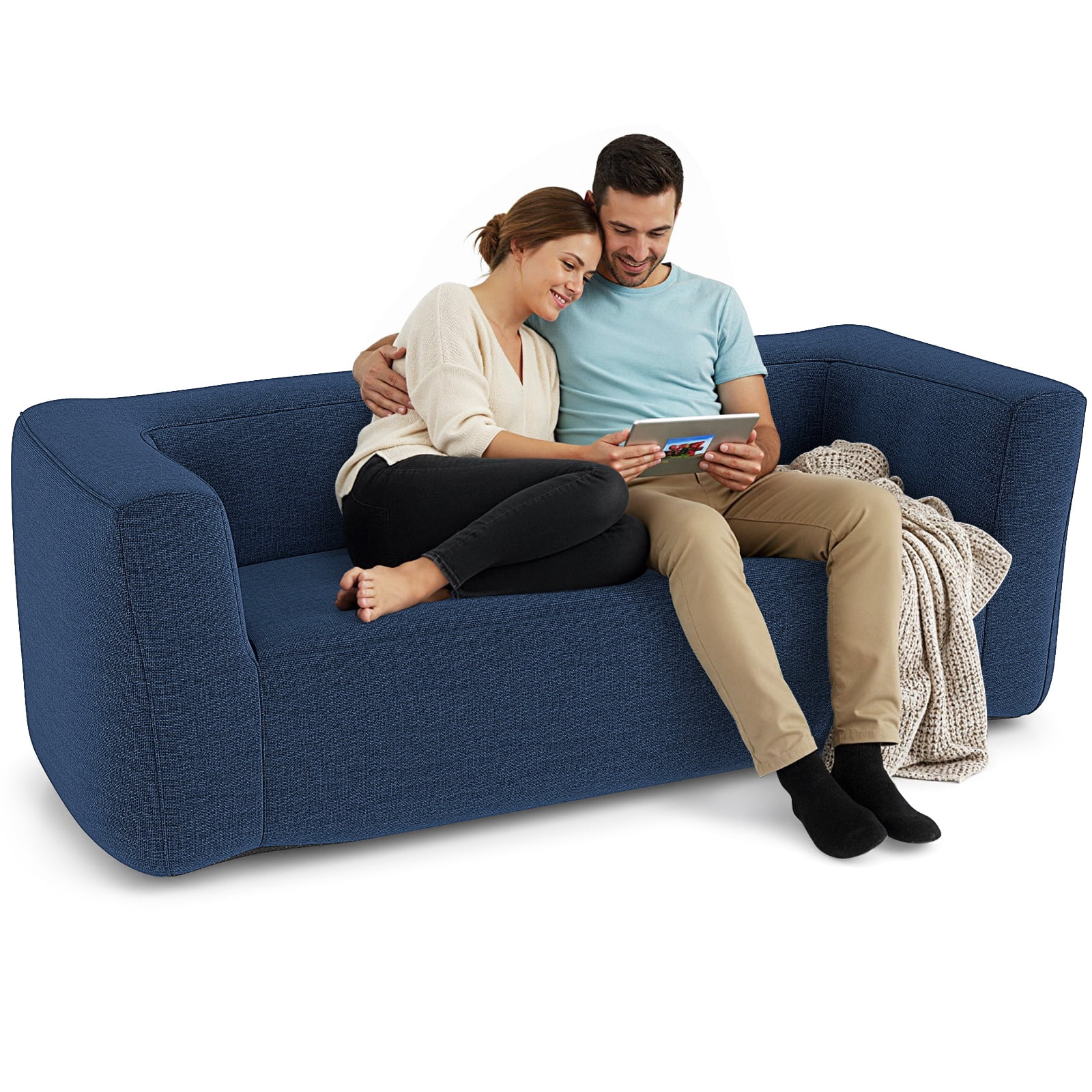 Gymax Double Inflatable Couch Portable Blow Up Sofa w/ Detachable Cover Blue