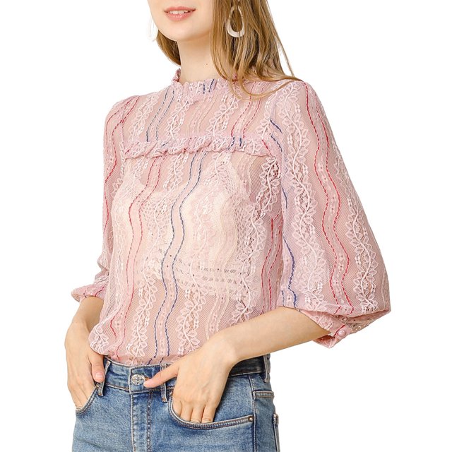 INSPIRE CHIC Women's 3/4 Sleeves Ruffle Mock Neck Sheer Lace Top