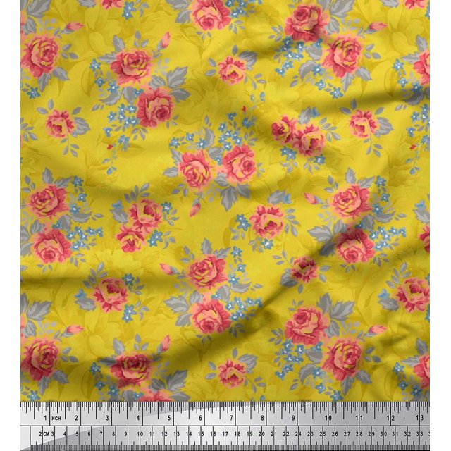 Soimoi Tissu en Coton Cambric Feuilles & Roses Imprimé Floral 1 Yard 42 Pouces de Large