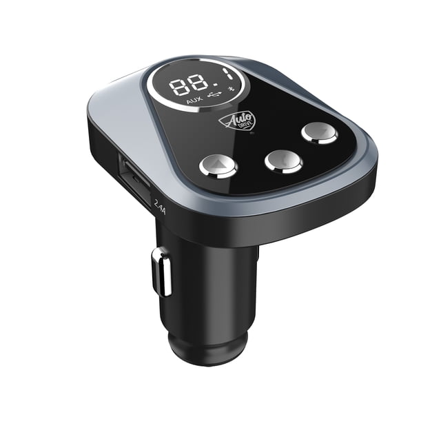 Auto Drive Émetteur FM Bluetooth Prend en Charge les Appels Mains Libres, Doté d'Un design Noir et Argent à Profil Bas avec un Écran LED Numérique Affichant la Fréquence 88.1, Trois Boutons de Commande Ronds, Deux ports USB Dont un avec Charge 2.4A, et une Prise pour Prises d'Allume-Cigare de Voiture pour Diffusion audio Sans Fil et Chargement d'Appareils.