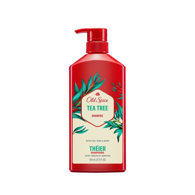Old Spice Tea Tree Shampoo for Men in a red pump bottle with tea tree leaf illustrations, formulated with tea tree and mint to cleanse and refresh hair for healthier, fuller looking hair, 650 ml (21.9 fl oz).