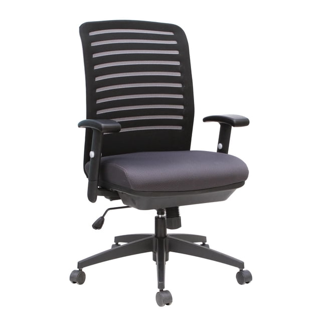 TygerClaw Executive High Back Fabric Office Chair with black mesh backrest featuring horizontal ventilation stripes, padded dark grey fabric seat, adjustable armrests with polypropylene and polyurethane padding, pneumatic seat height adjustment, tilt tension control, and five-star black nylon base with dual-wheel casters for 360-degree swivel mobility, suitable for office or workstation use.