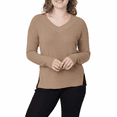thumbnail image 1 of Kersh Women's V-Neck Tan Medium Mid-Weight Sweater with Side Slits - Machine Washable, 1 of 3