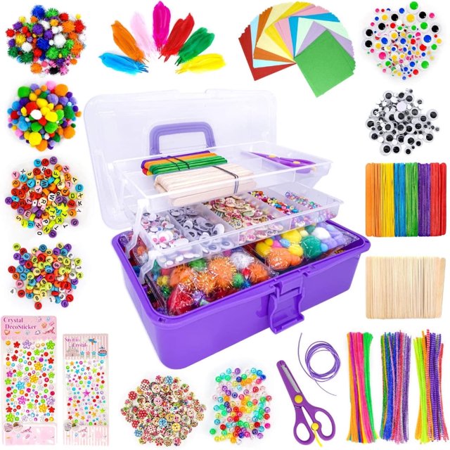 YOPTOP 1500 Pcs Art and Craft Supplies for Kids, Toddler DIY Craft Art Supply Set Included Pipe Cleaners, Pom Poms, Feather, Folding Storage Box,Purple