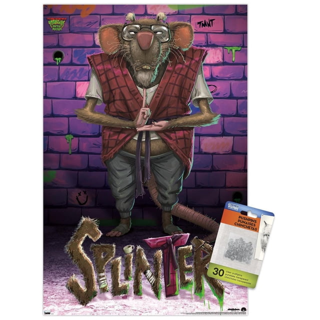 Les Tortues Ninja : Mutant Mayhem - Splinter Affiche Murale, 22,375 Pouces x 34 Pouces, Montrant une illustration Orientée vers l'Avant de Splinter, un rat Humanoïde Portant des Lunettes, un Gilet à Carreaux Rouges, une Chemise Blanche et un Pantalon Gris, Debout contre un Mur de Briques Recouvert de Graffiti Violet. le Titre de l'Affiche « Splinter' Est au Bas en Lettres Texturées de Fourrure avec des accents de slime Verts. Imprimé sur du Papier Lustré, Cet art Mural Convient aux Chambres, Bureaux Ou Dortoirs