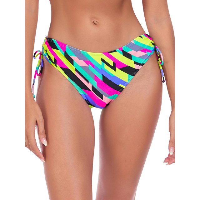 Ocean Blues Women's Full Coverage Swim Bottoms Sides Drawstring Mid Rise Bikini Bottom Color Block Print Bathing Suit Size S